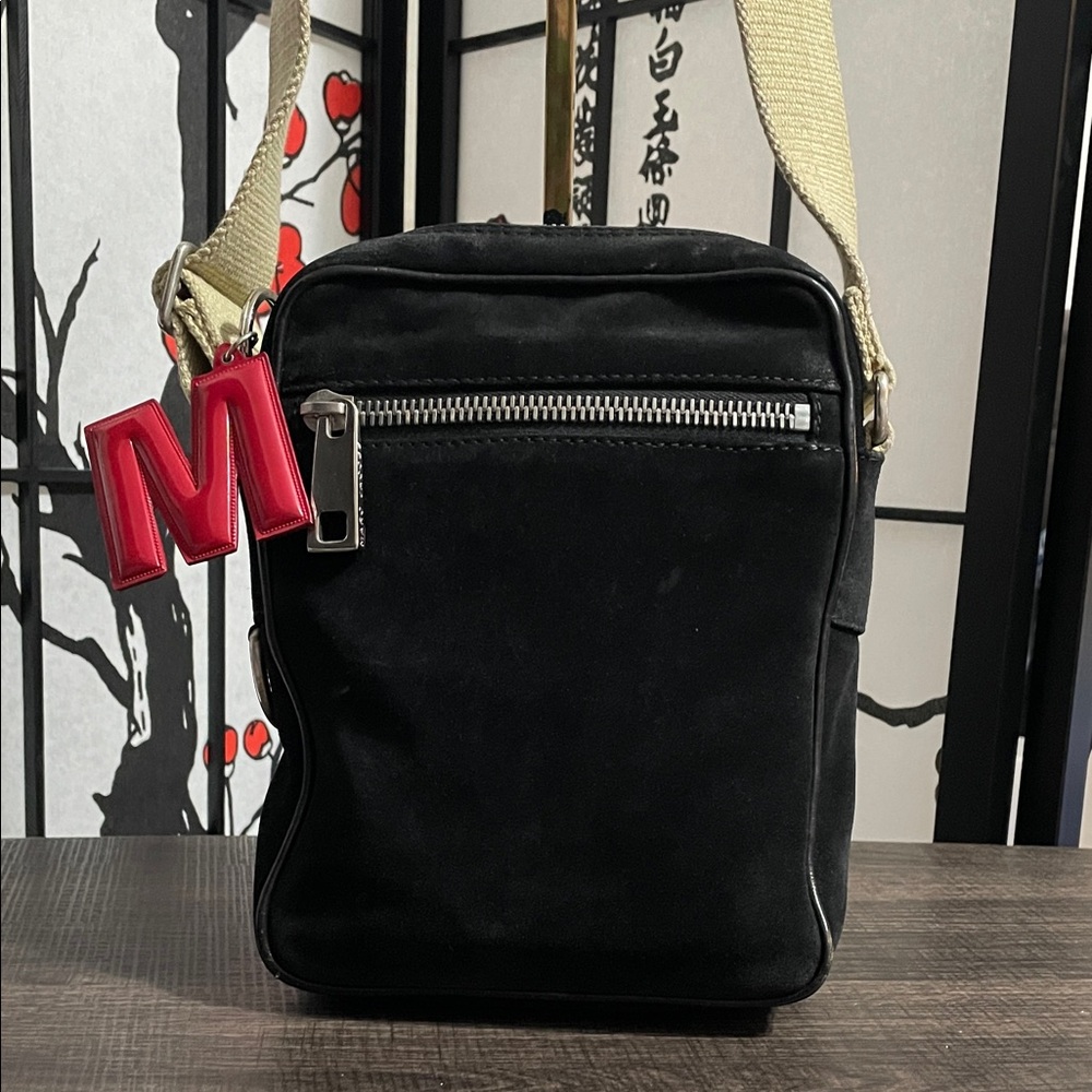 Marc Jacobs Suede Vintage Black Crossbody with Cream Strap and Red M Charm